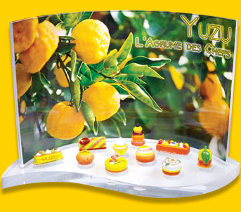 Présentoir Goutte avec série de fèves Yuzu, l'agrume préféré des chefs Prime Épiphanie 2023