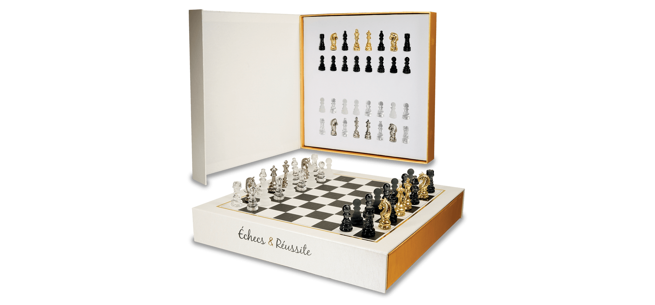 Coffret collecor Échecs et Réussite, un coffret plateau de jeu échiquier pour accompager la collection de fèves du même nom.